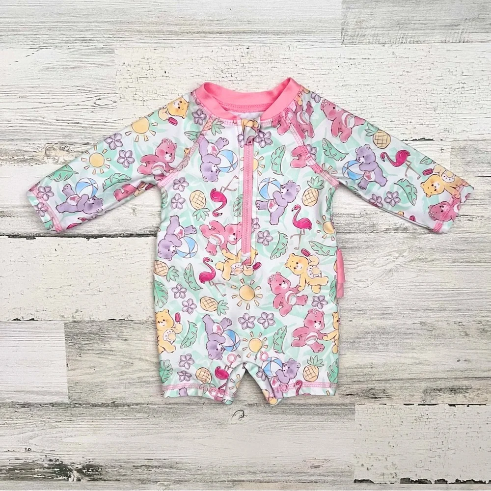 🍄 3/$15 Care Bears Baby Rashguard One Piece 0-3M Long Sleeve Ruffle Butt Swim